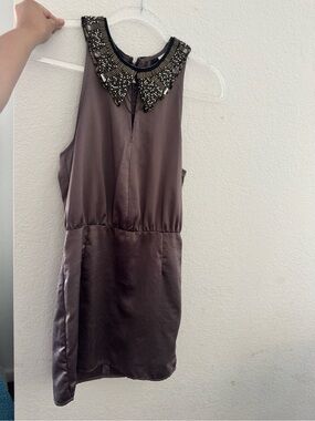 H&M Embellished Collar Taupe Satin Dress - Women's